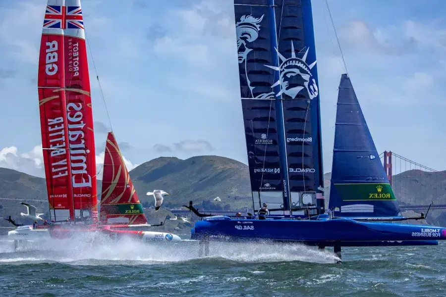 Boats race in the SailGP competition.